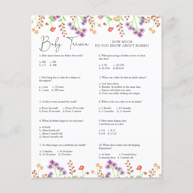 Lámina Flores salvajes Trivia bebé | Juego Baby Shower (Anverso)