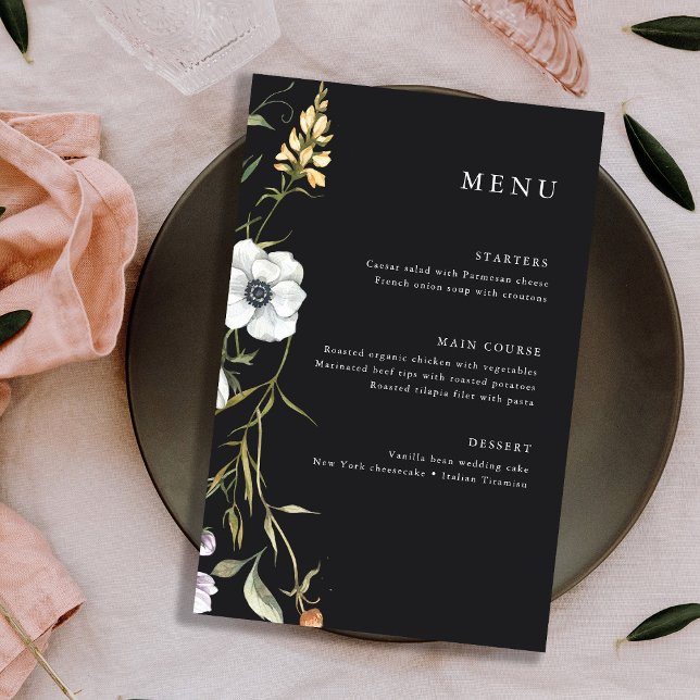 Lámina Flores silvestres botánicas oscuras | Elegante men (A trendy and whimsical wedding menu featuring colorful wildflowers)