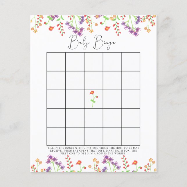 Lámina Flores silvestres Juego de bingo para ducha bebé (Anverso)
