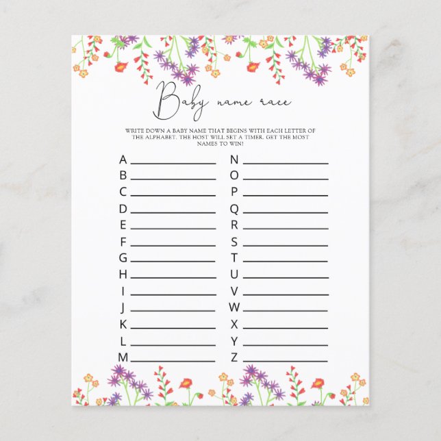 Lámina Flores silvestres Juego de carreras de nombres de  (Anverso)