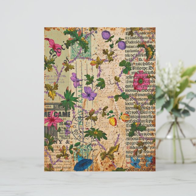 Lámina Flores vintage sobre periódico (Anverso de pie)