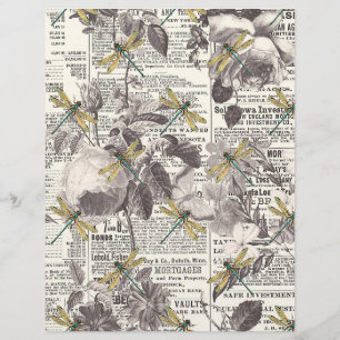 Lámina Flores y libélulas sobre papel de periódico