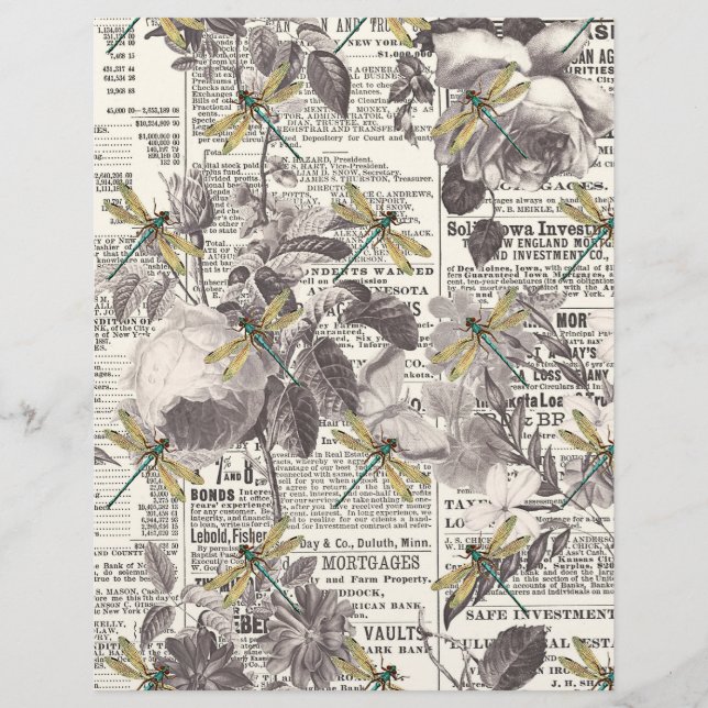 Lámina Flores y libélulas sobre papel de periódico (Anverso)