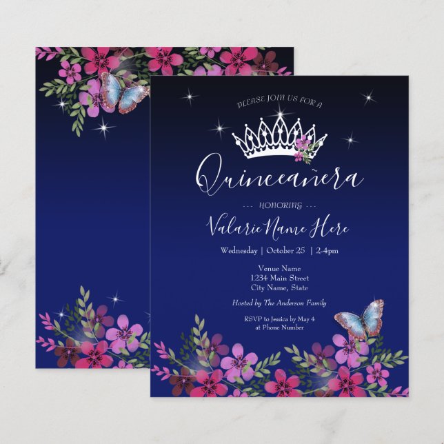 Lámina Flores y mariposa Quinceanera (Anverso / Reverso)