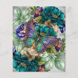 Lámina Flores y mariposas blancas y púrpuras teal