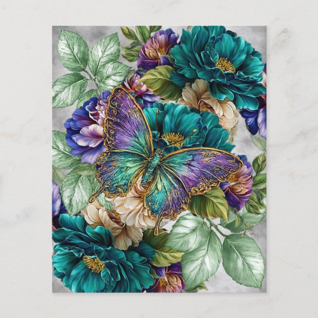 Lámina Flores y mariposas blancas y púrpuras teal (Anverso)