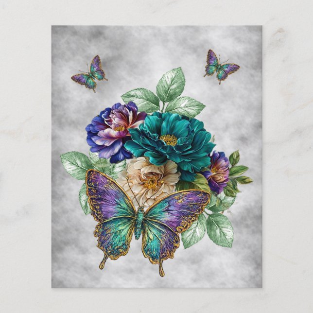 Lámina Flores y mariposas blancas y púrpuras teal (Anverso)