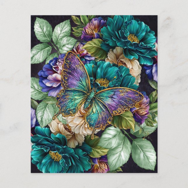 Lámina Flores y Mariposas Blancas y Purpúreas Teal (Anverso)
