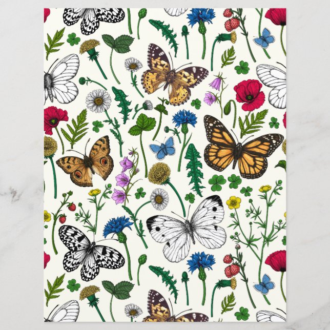Lámina Flores y mariposas silvestres en blanco (Anverso)