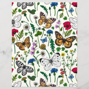 Lámina Flores y mariposas silvestres en blanco