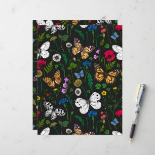 Lámina Flores y mariposas silvestres en negro