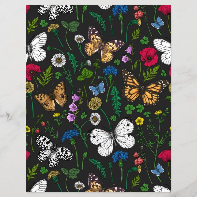 Lámina Flores y mariposas silvestres en negro (Anverso)