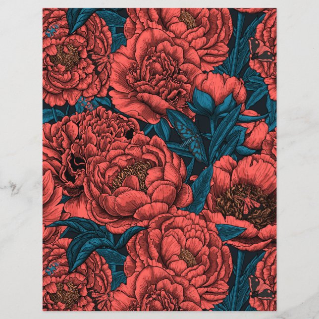 Lámina Flores y polillas de peonía roja (Anverso)