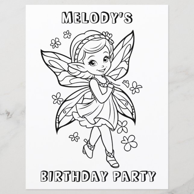 Lámina Flower fairy birthday party coloring activity  (Anverso)