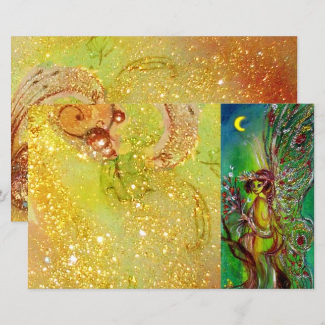 Lámina FLOWER FAIRY IN MOONLIGHT Yellow Green Fantasy (Anverso / Reverso)