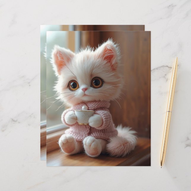 Lámina Fluffy White and Light Pink Cat Scrapbook Paper (Anverso/Reverso In Situ)