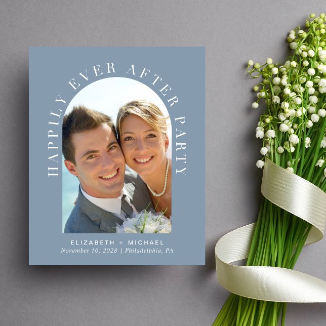 Lámina Foto Arch Código QR Invitación a recepción azul tu (Celebrate your love story with an invitation showcasing your favorite photo in an elegant arch frame)