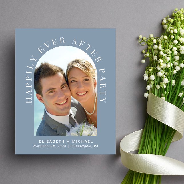 Lámina Foto Arch Dusty Blue Wedding Invitación a la recep (Celebrate your love story with an invitation showcasing your favorite photo in an elegant arch frame)