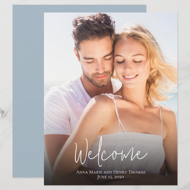 Lámina Foto boda Simple y moderna caligrafía azul turbia (Anverso / Reverso)