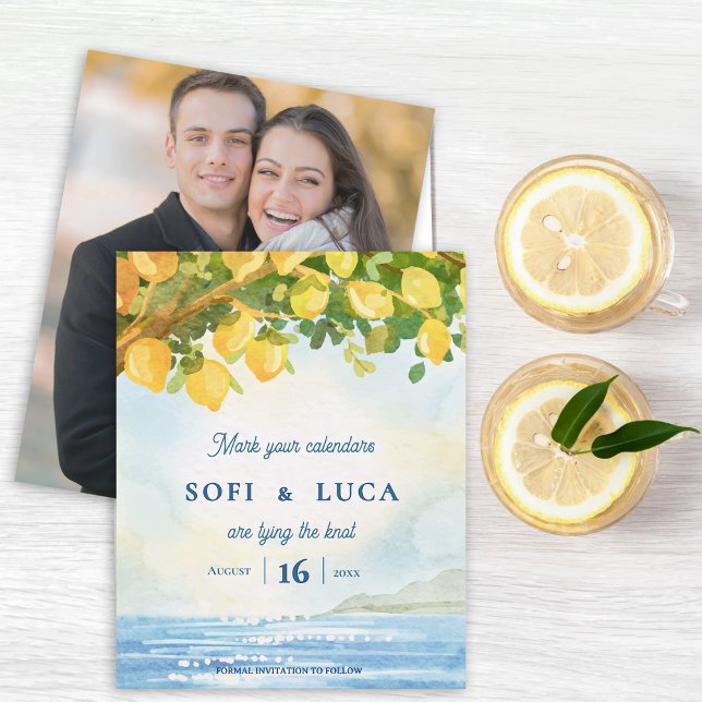 Lámina Foto de boda costera mediterránea Save the Date (Mediterranean Lemon Grove Watercolor Photo Wedding Save the Date | Coastal Destination Wedding )