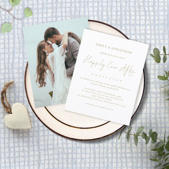 Lámina Foto de BUDGET Gold Textos Feliz siempre después d (Front and back view. Budget price smaller size value invite. Part of a matching wedding suite.)