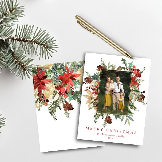 Lámina Foto de Navidades de oro de pino acuarela de presu (Budget Watercolor Pine Gold Christmas Photo Card)