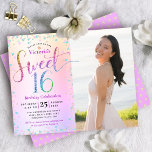 Lámina Foto de presupuesto Dulce 16 Invitación Purpurina<br><div class="desc">"Feliz dulce 16". Envíe esta impresionante, brillante, alegre, festiva, moderna, personalizada, personalizado de presupuesto para una fiesta que recordar. Tipografía de guion arcoiris purpurina y confetti festivo de color turquesa, rosa púrpura y dorado, superponen un fondo metálico de Relieve metalizado arcoiris oscuro en la mitad izquierda de la tarjeta. Una...</div>