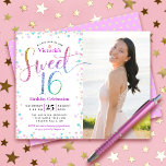 Lámina Foto de presupuesto Dulce Invitan a 16 puntos Purp<br><div class="desc">"Feliz dulce 16". Envíe esta impresionante, brillante, alegre, festiva, moderna, personalizada, personalizado de presupuesto para una fiesta que recordar. Tipografía de guion arcoiris purpurina y confeti festivo de color turquesa, rosa púrpura y dorado, superponen un fondo blanco en la mitad izquierda de la tarjeta. Una foto personalizado del chica de...</div>