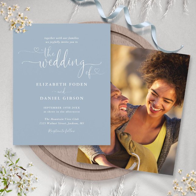 Lámina Foto de presupuesto Dusty Blue Script Wedding Invi (Budget Photo Dusty Blue Script Wedding Invitation)