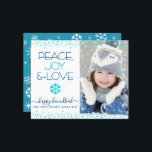 Lámina Foto de presupuesto Hanukkah Peace Love Snowflake<br><div class="desc">"Paz, alegría y amor." Un divertido ilustracion de copos de nieve azul turquesa, con imitación de un Relieve metalizado falso azul turquesa, puntos de confeti y una tipografía moderna turquesa y azul marino sobre un fondo blanco y limpio, junto con la foto personalizado de tu elección, te ayudarán a entrar...</div>