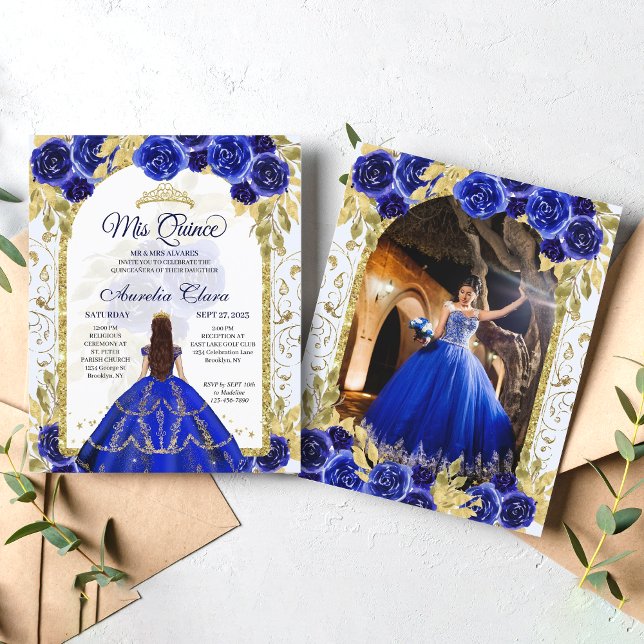 Lámina Foto de Quinceanera de oro floral azul de presupue (Subido por el creador)