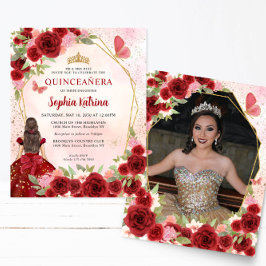 Lámina Foto de Quinceañera Princesa Floral de Oro Rojo