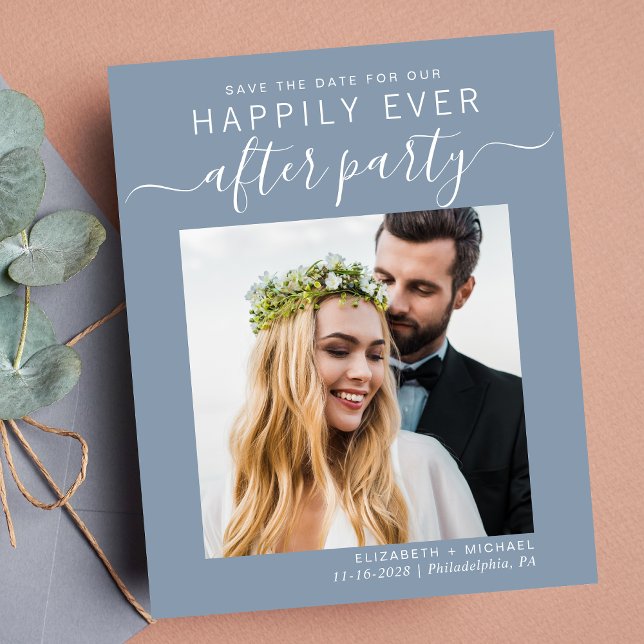 Lámina Foto Dusty Blue Wedding Recepción Salven La Fecha (A chic save the date announcement for a reception to celebrate your elopement or private wedding)