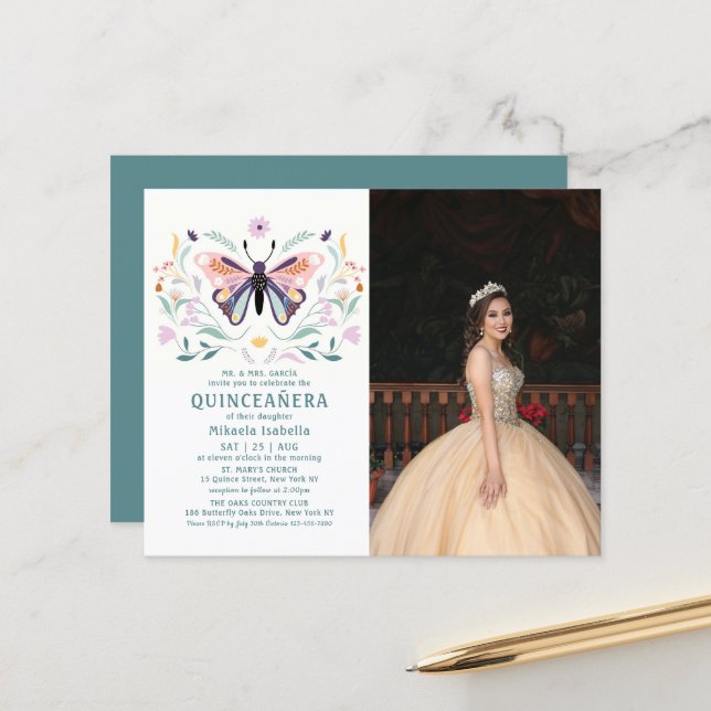 Lámina Foto floral de mariposa rosa de Quinceañera (Anverso/Reverso In Situ)