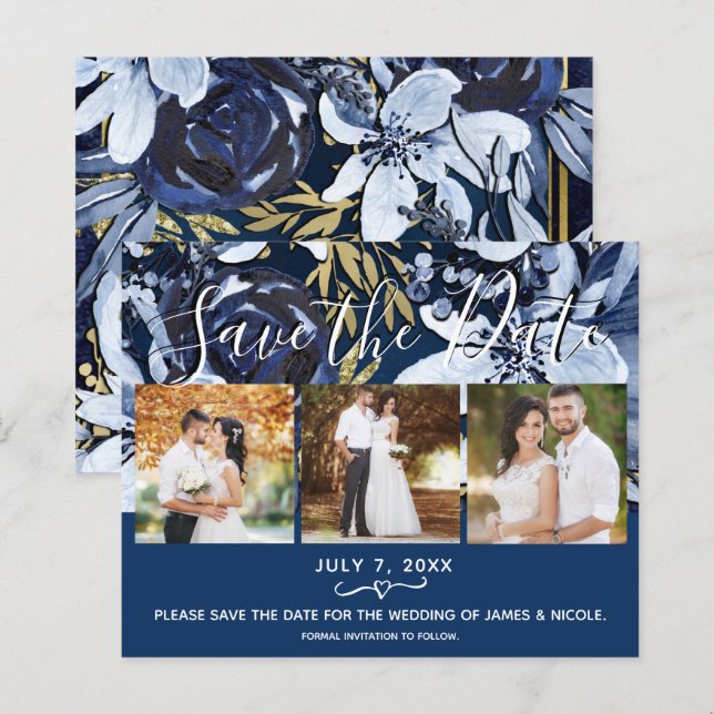 Lámina Foto floral Rustic Blue & Gold Save the Date (Anverso / Reverso)