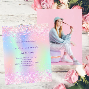 Lámina Foto holográfica rosa invitación para cumpleaños