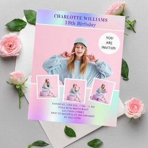 Lámina Foto holográfica rosa invitación para cumpleaños