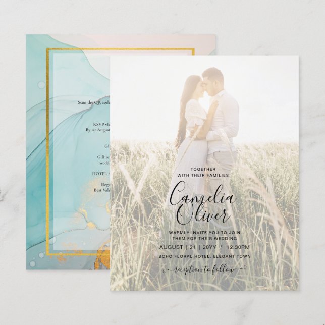 Lámina FOTO INVITACIÓN DE BODA DE Oro Verde azulado LeahG (Anverso / Reverso)