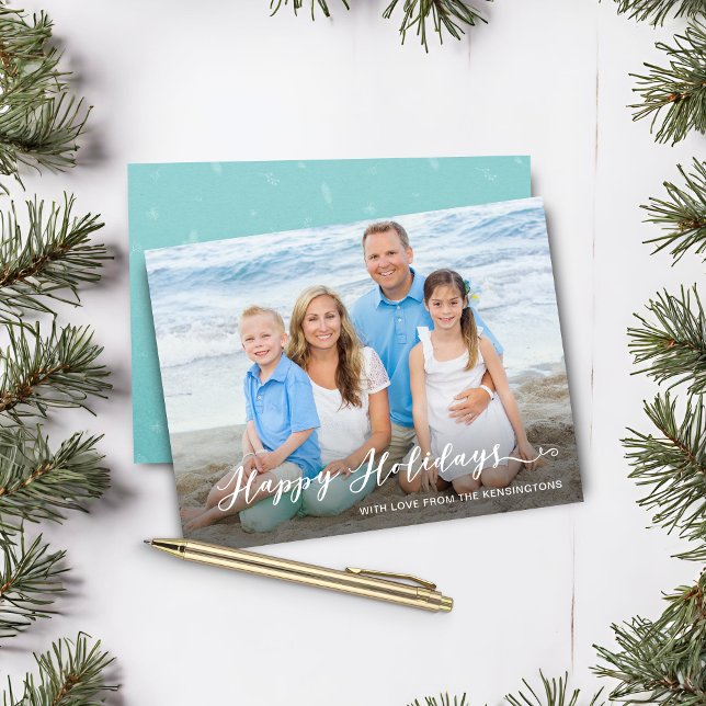 Lámina Foto manuscrita de vacaciones felices Verde azulad (Budget Teal Happy Holidays Handwritten Photo Christmas Card)