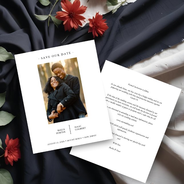 Lámina Foto Minimalista de Fancy, Boda de presupuesto mod (Inexpensive Modern Fancy Minimalist Photo Couple Wedding Save the Date with Envelope.)