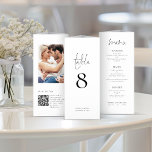 Lámina Foto moderna QR triple Boda número de tabla de men<br><div class="desc">NOTA IMPORTANTE: Este triplio se suministra plano, SIN puntuación, para que usted mismo lo doble. Para ayudarle con el plegado preciso, se imprimen directrices en la parte posterior de los tres paneles, además de un panel extra delgado en el lado derecho para que aplique pegamento para pegar el tríplio una...</div>