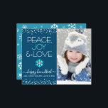 Lámina Foto presupuesto Hanukkah Peace Love Snowflake Car<br><div class="desc">"Paz, alegría y amor." Un divertido, divertido y divertido ilustracion de copos de nieve azul turquesa y blanco, puntos de confeti blanco y una tipografía moderna turquesa y blanca sobre un fondo azul marino, junto con la foto personalizado de tu elección, te ayudarán a entrar en la temporada de Hanukkah....</div>