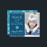Lámina Foto presupuesto Hanukkah Peace Love Snowflake Car<br><div class="desc">"Paz, alegría y amor." Un divertido, divertido y divertido ilustracion de copos de nieve azul turquesa y blanco, puntos de confeti blanco y una tipografía moderna turquesa y blanca sobre un fondo azul marino, junto con la foto personalizado de tu elección, te ayudarán a entrar en la temporada de Hanukkah....</div>