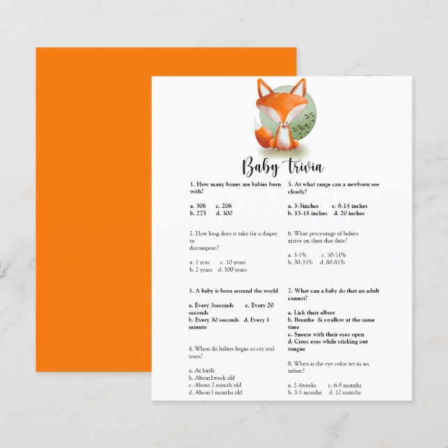 Lámina Fox cub Baby Trivia | Juego Baby Shower (Anverso / Reverso)