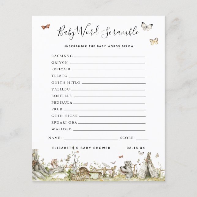 Lámina Fragmento de palabras del bebé | Juego Baby Shower (Anverso)