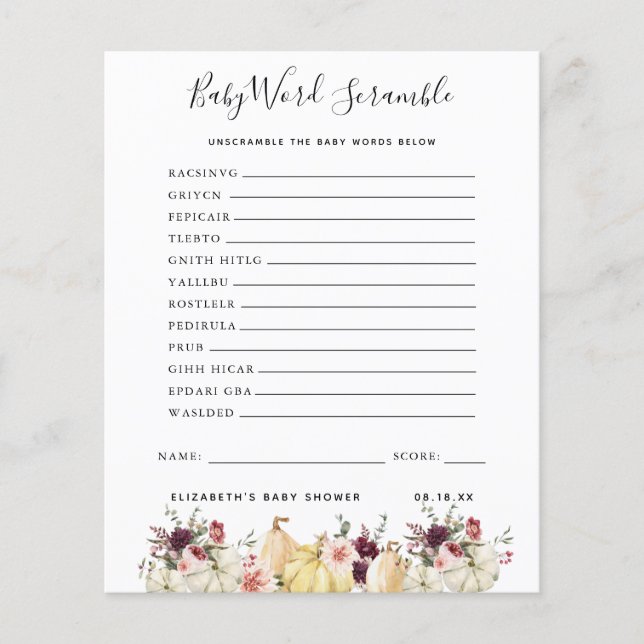 Lámina Fragmento de palabras del bebé | Juego Baby Shower (Anverso)