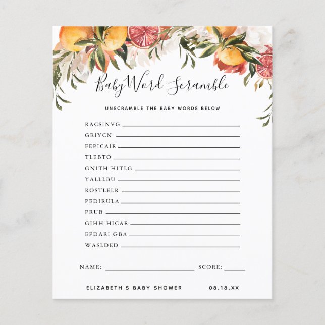 Lámina Fragmento de palabras del bebé | Juego Baby Shower (Anverso)