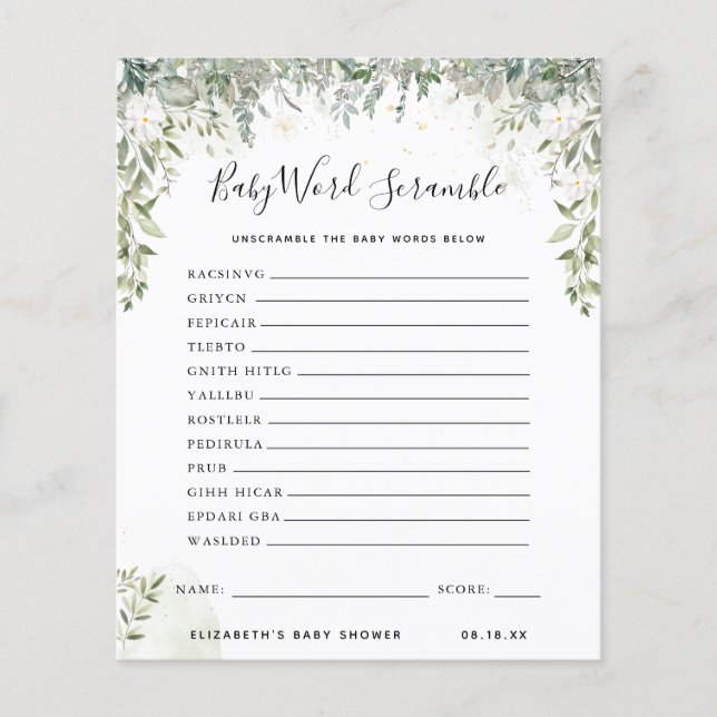 Lámina Fragmento de palabras del bebé | Juego Baby Shower (Anverso)