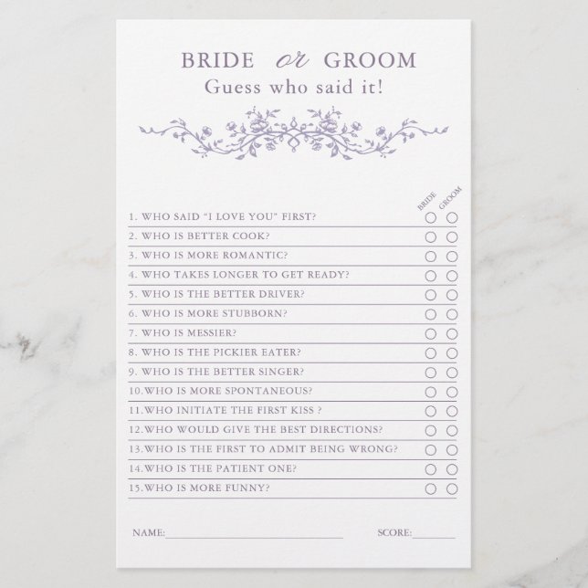 Lámina French Lavender 'Bride or Groom' Bridal Game  (Anverso)