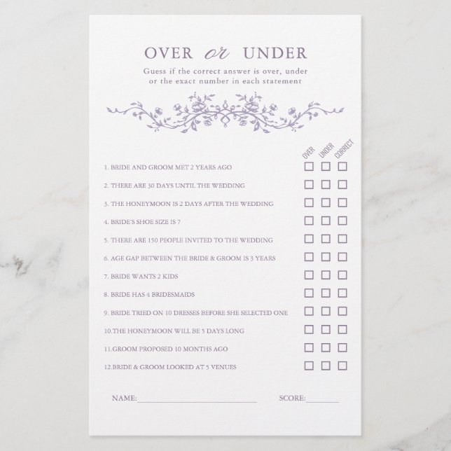 Lámina French Lavender 'Over or Under' Bridal Shower Game (Anverso)
